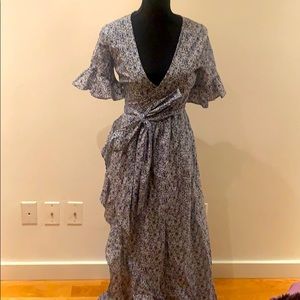 Blue and white floral wrap dress